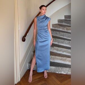 Elliatt coralie blue sateen high neckline draped asymmetrical dress with slit